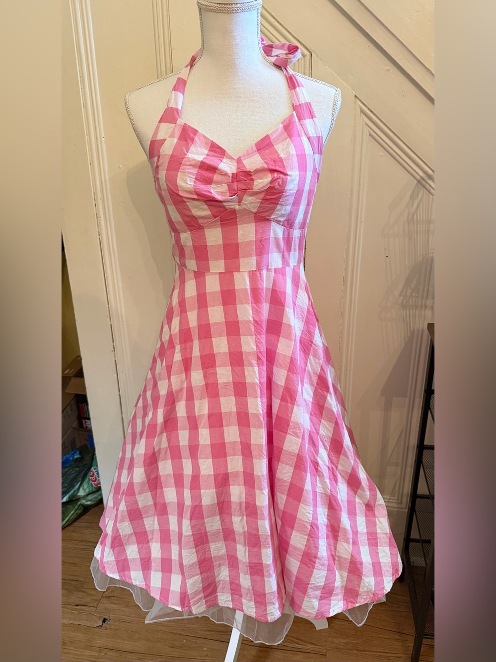 Pink Gingham Halter Fit & Flare Dress